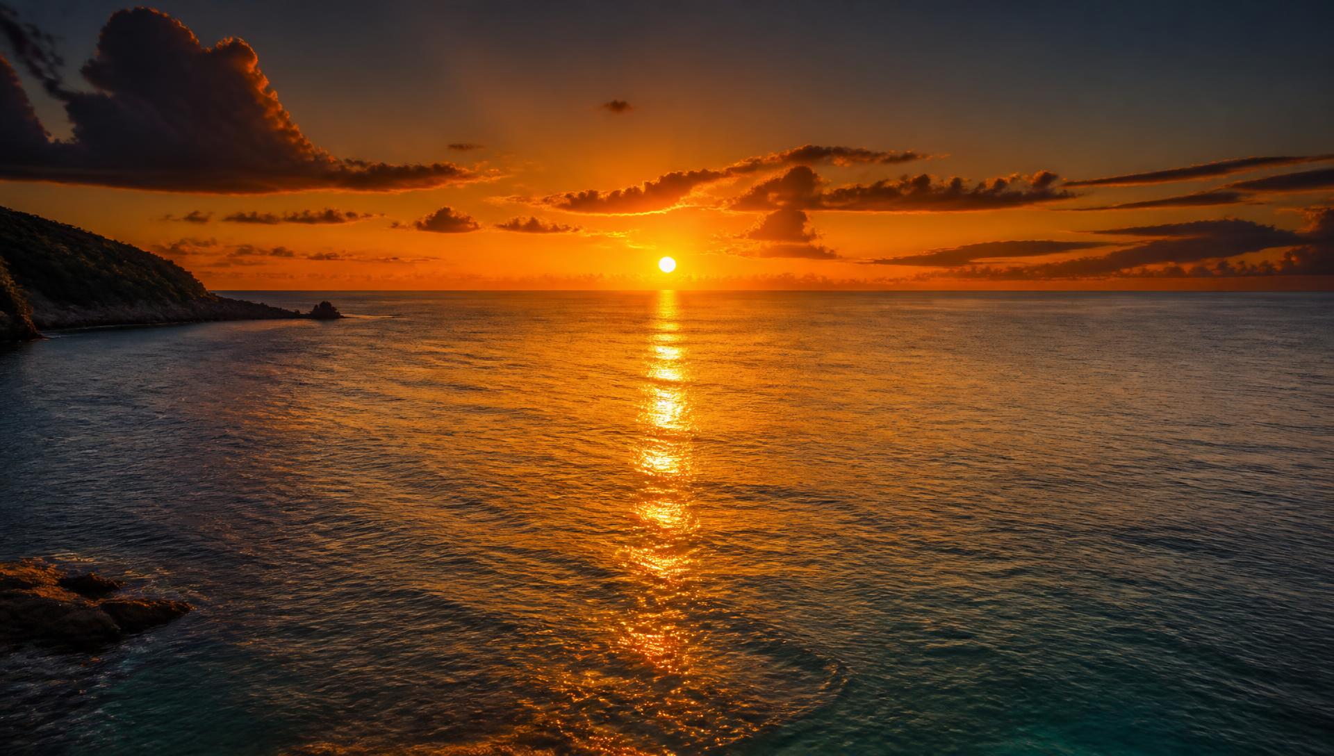 Sun setting over a calm Caribbean sea horizon
